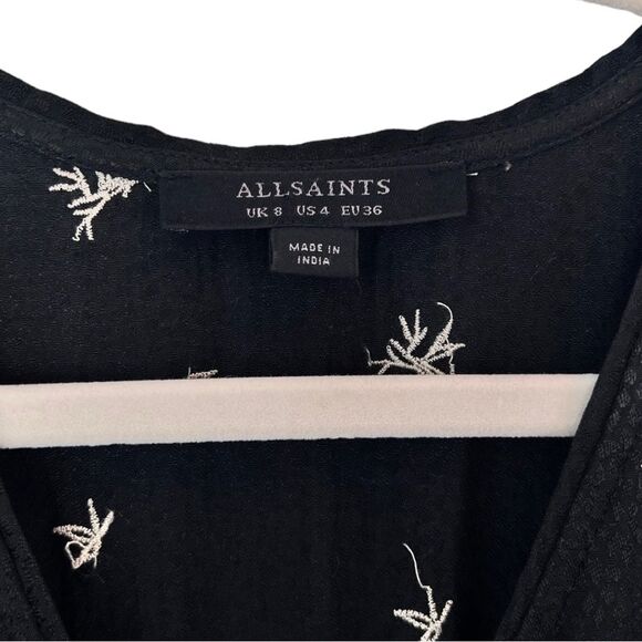ALLSAINTS Rosi Embroidered Mini Dress Grunge Floral Long Sleeve V-Neck Crepe 4 - Picture 8 of 12